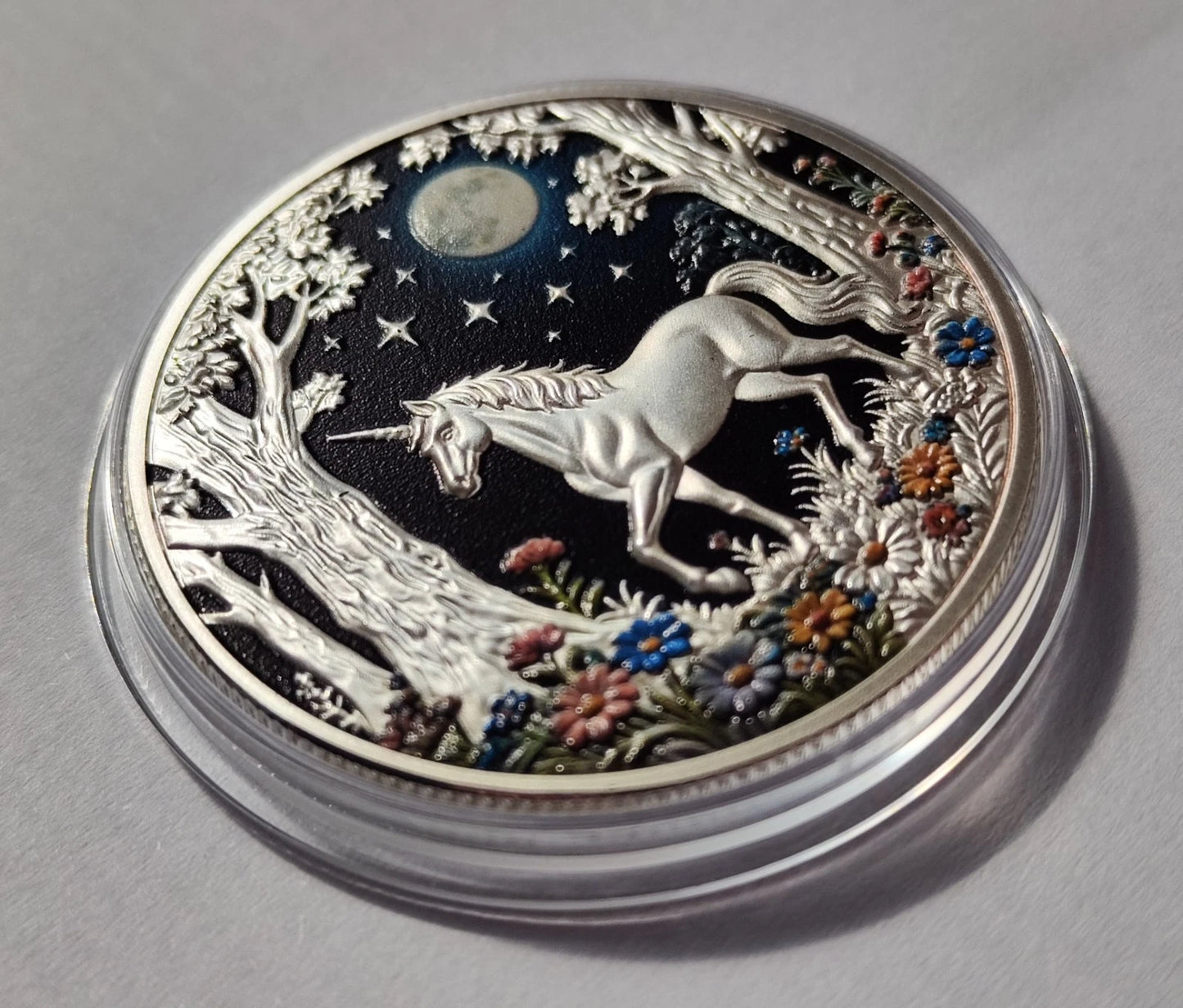 1 UNZE 999 KUPFER - EINHORN - HIGH RELIEF - KUPFERBARREN - KOLORIERT & VERSILBERT