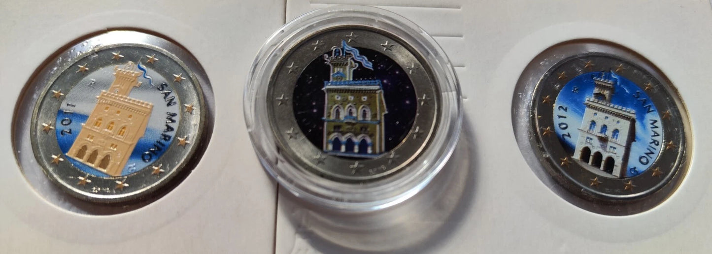 3 x 2 Euro Münzen Set - San Marino - koloriert & vergoldet