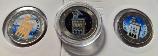 3 x 2 Euro Münzen Set - San Marino - koloriert & vergoldet