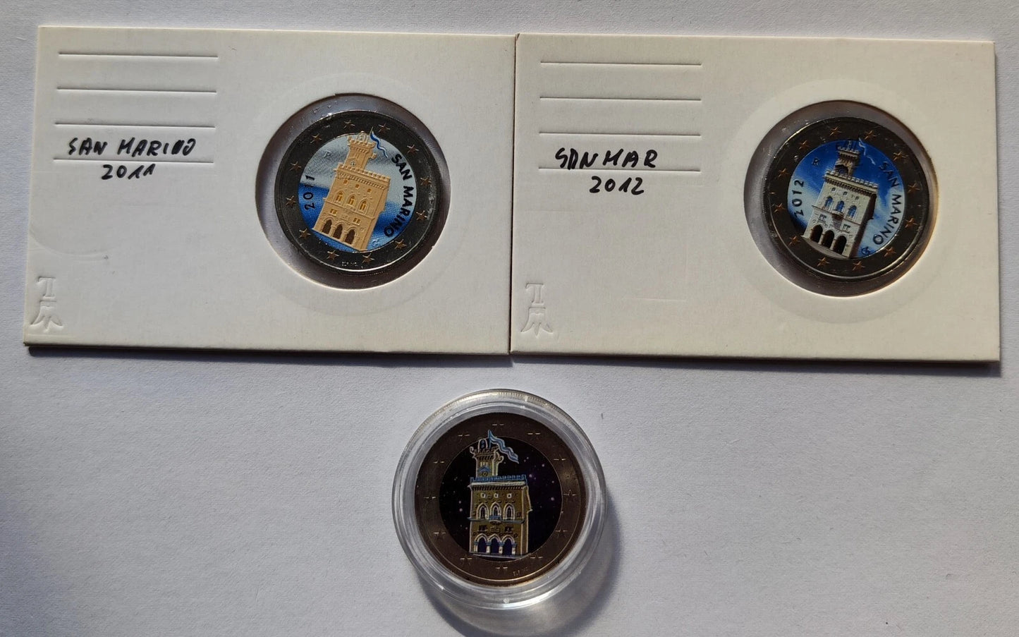 3 x 2 Euro Münzen Set - San Marino - koloriert & vergoldet