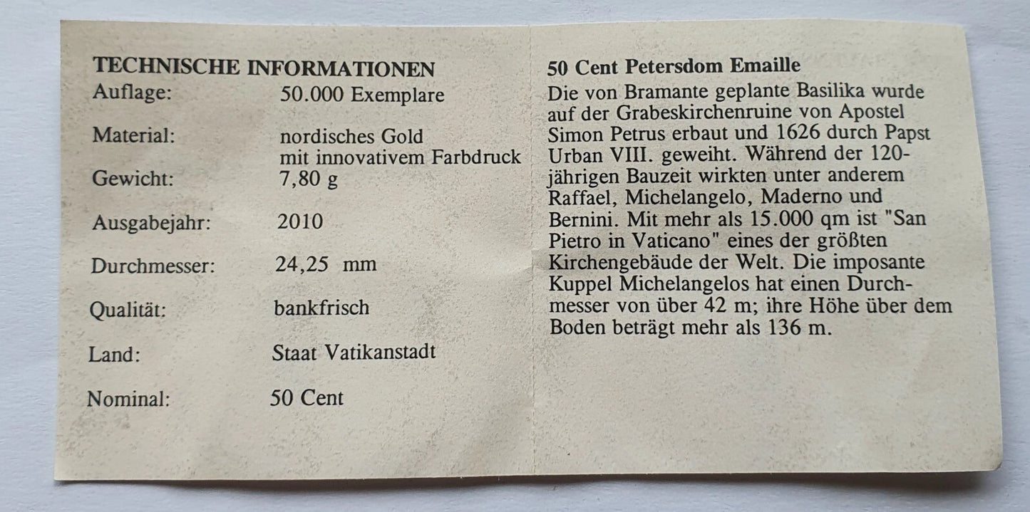 50 Euro Cent Münze - Vatikan - Papst Benedikt XVI / Petersdom - koloriert