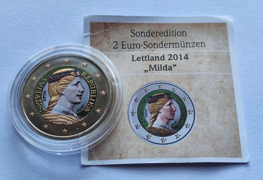 2 Euro Münze - Lettalnd - Trachtenmädchen Milda 2014 - koloriert & teilvergoldet