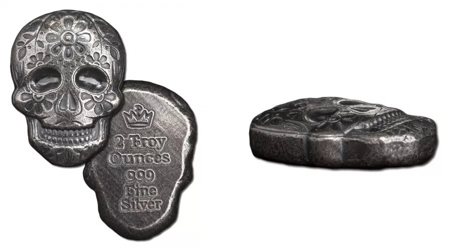 2 UNZEN 999 SILBER - TOTENKOPF / MEXIKO / ZUCKERKOPF - ANTIK FINISH - SILBERBARREN