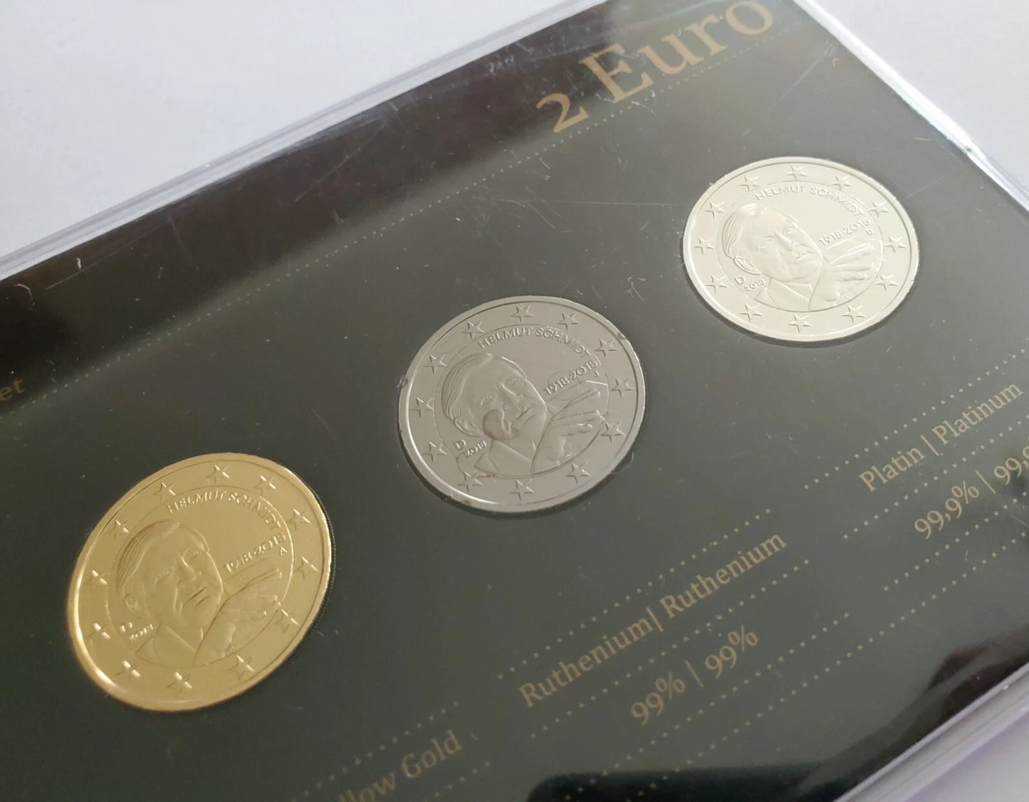 4 x 2 Euro Münzen Set - BRD - Helmut Schmidt 2018 - Platin / Rotgold / Ruthenium / Gold