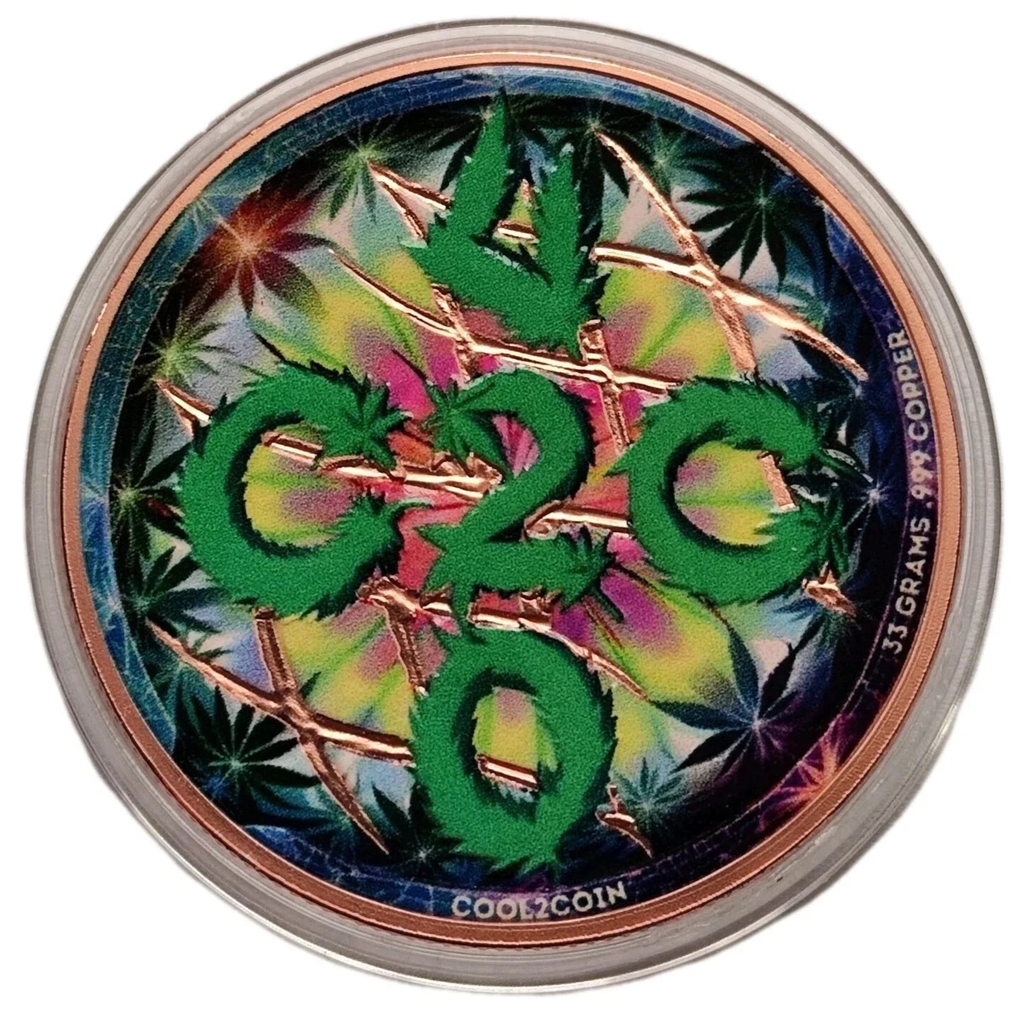 1 UNZE 999 KUPFER - CANNABIS / MARIHUANA / 420 - KOLORIERT - KUPFERBARREN