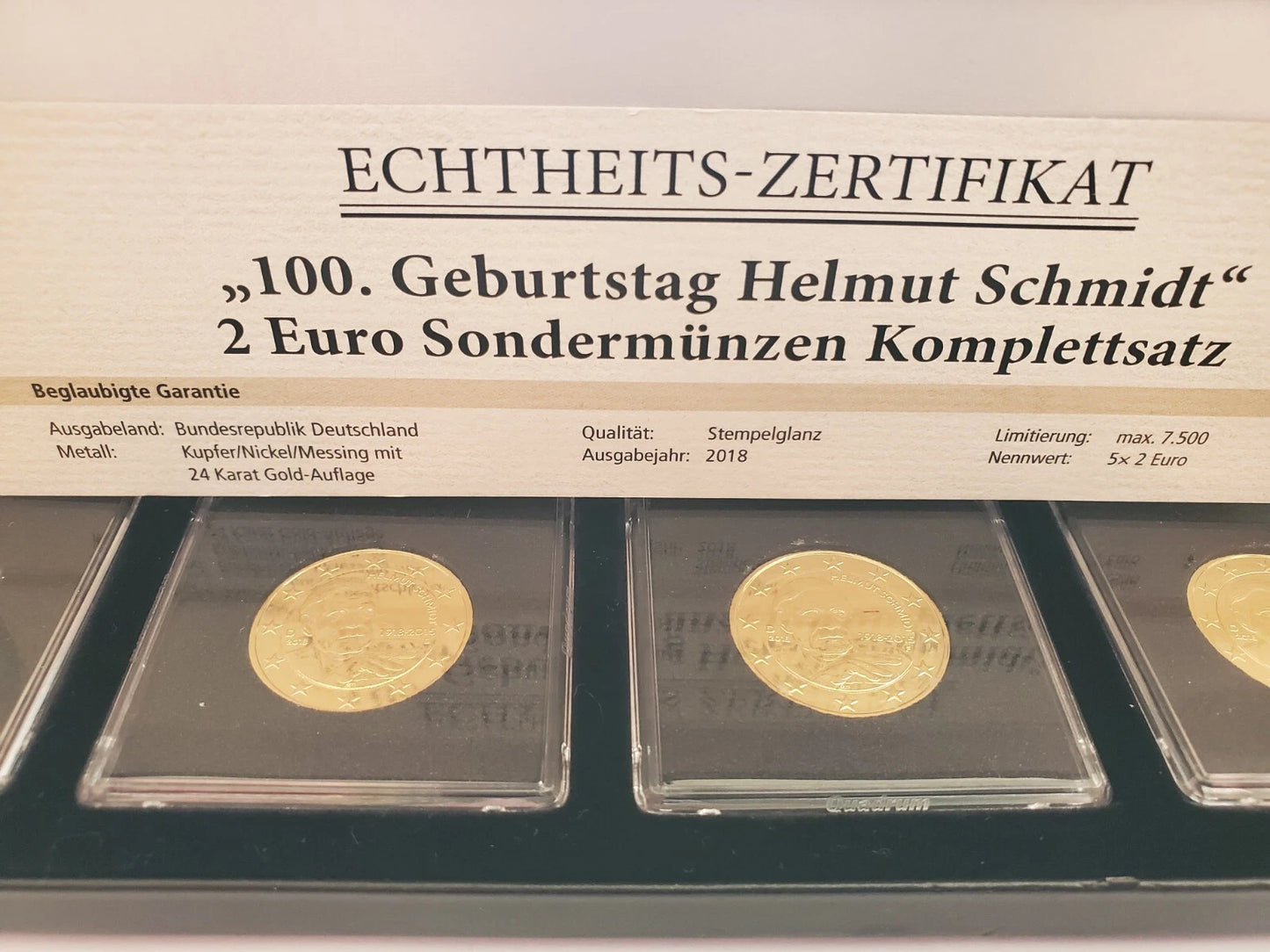 5 x 2 Euro Münze - BRD - Helmut Schmidt 2015 - komplett Satz ADFGJ - vergoldet