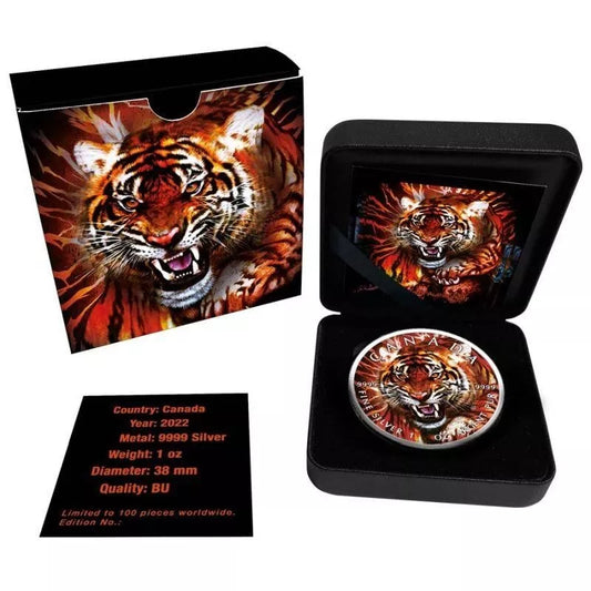 1 UNZE SILBER - LUNAR TIGER - NUR 100 STÜCK - KOLORIERT - SILBERMÜNZE