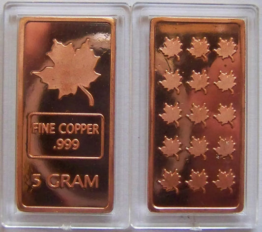 5 GRAMM 999 KUPFER - KANADA MAPLE LEAF - KUPFERBARREN