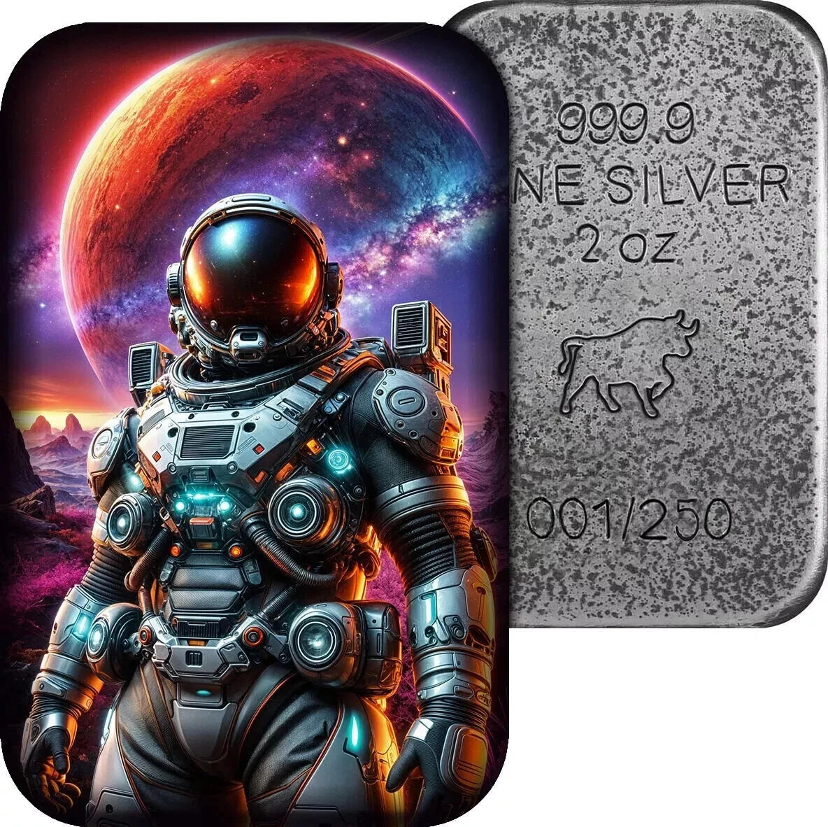 2 UNZEN SILBER - ASTRONAUT - KOLORIERT - ANTIK FINISH - SILBERBARREN