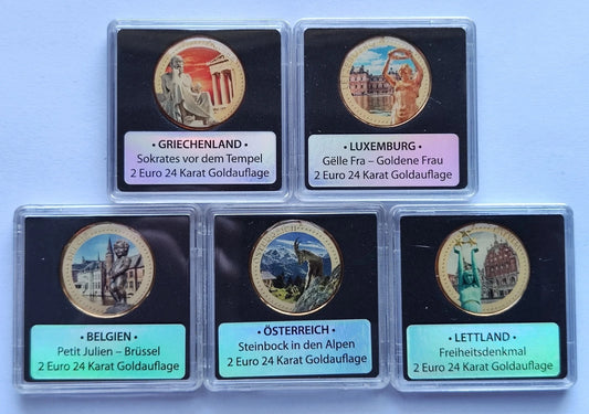 5 x 2 Euro Münze - Europa - koloriert & vergoldet