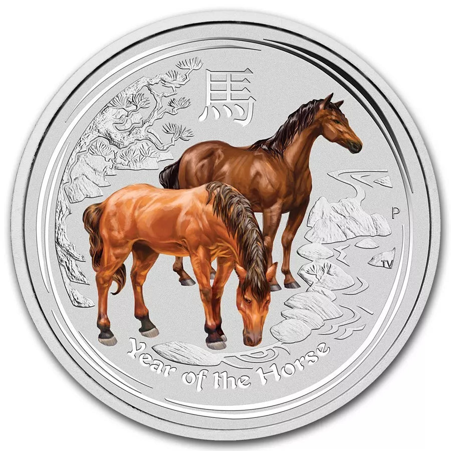 1 UNZE SILBER - LUNAR PFERD 2014 - KOLORIERT - SILBERMÜNZE