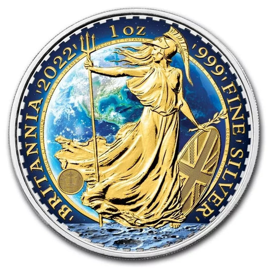 1 UNZE 999 SILBER - PLANET ERDE / BRITANNIA - NUR 50 STÜCK WELTWEIT - KOLORIERT - SILBERMÜNZE