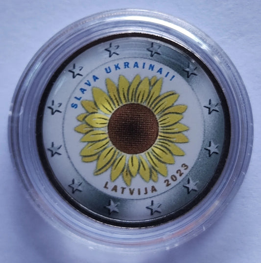 2 Euro Münze - Lettland -Ukrainische Sonnenblume 2023 - koloriert