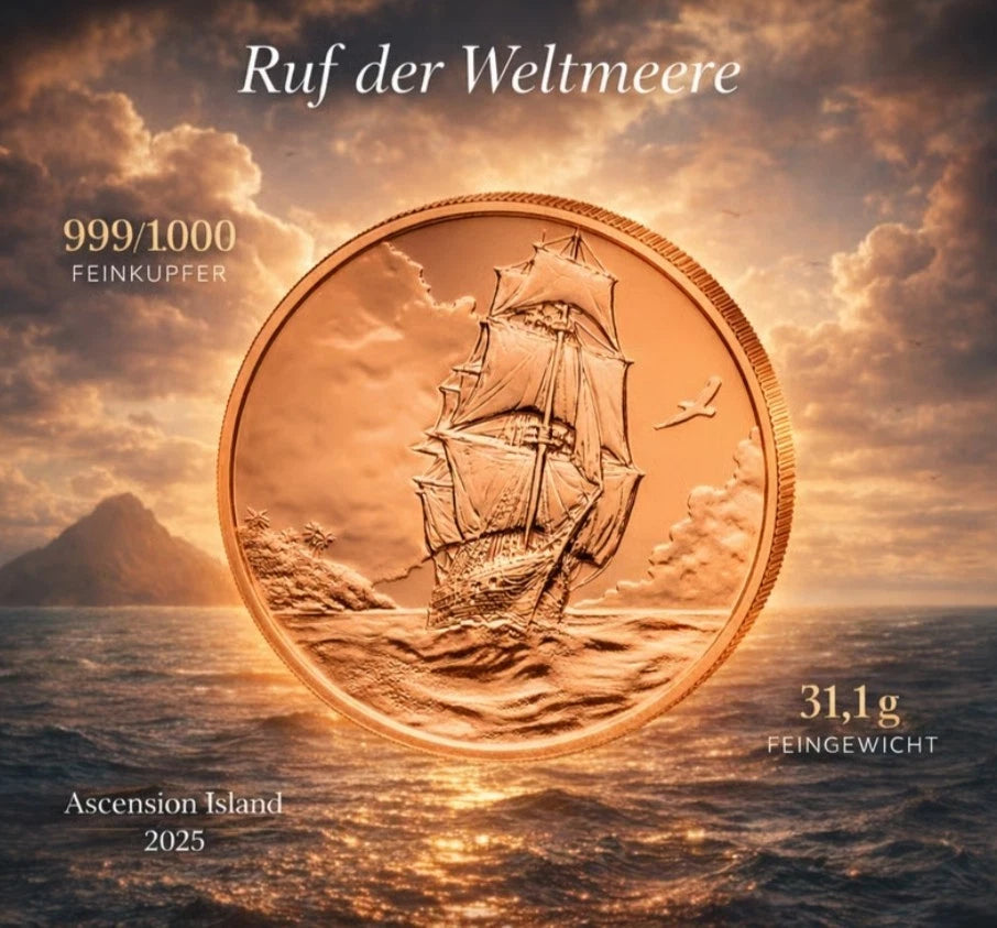 1 UNZE KUPFER - SEGELSCHIFF / SCHIFF - KUPFERBARREN - MÜNZE