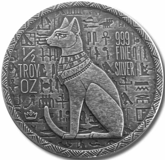 1/2 UNZE 999 SILBER - ÄGYPTEN / HEILIGE GOTT KATZE / PHARAO - ANTIK FINISH - SILBERBARREN