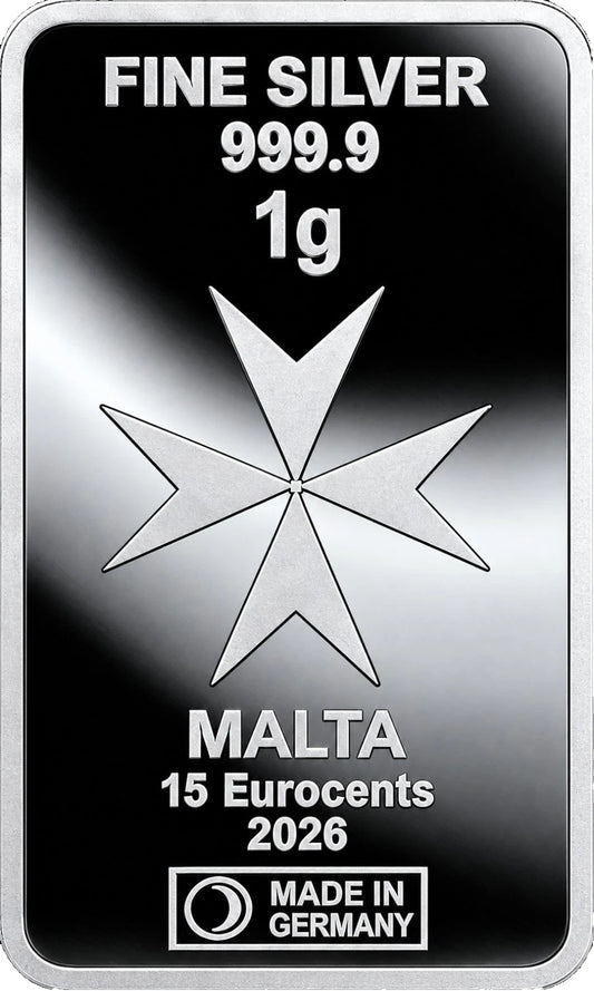 1 GRAMM SILBER - HEIMERLE & MEULE - Malta Kreuz SILBERBARREN