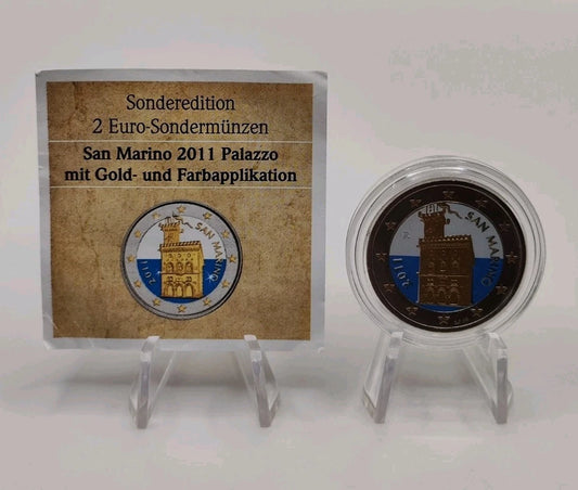 2 Euro Münze - San Marino - Regierungspalast 2011 - koloriert & Teilvergoldet
