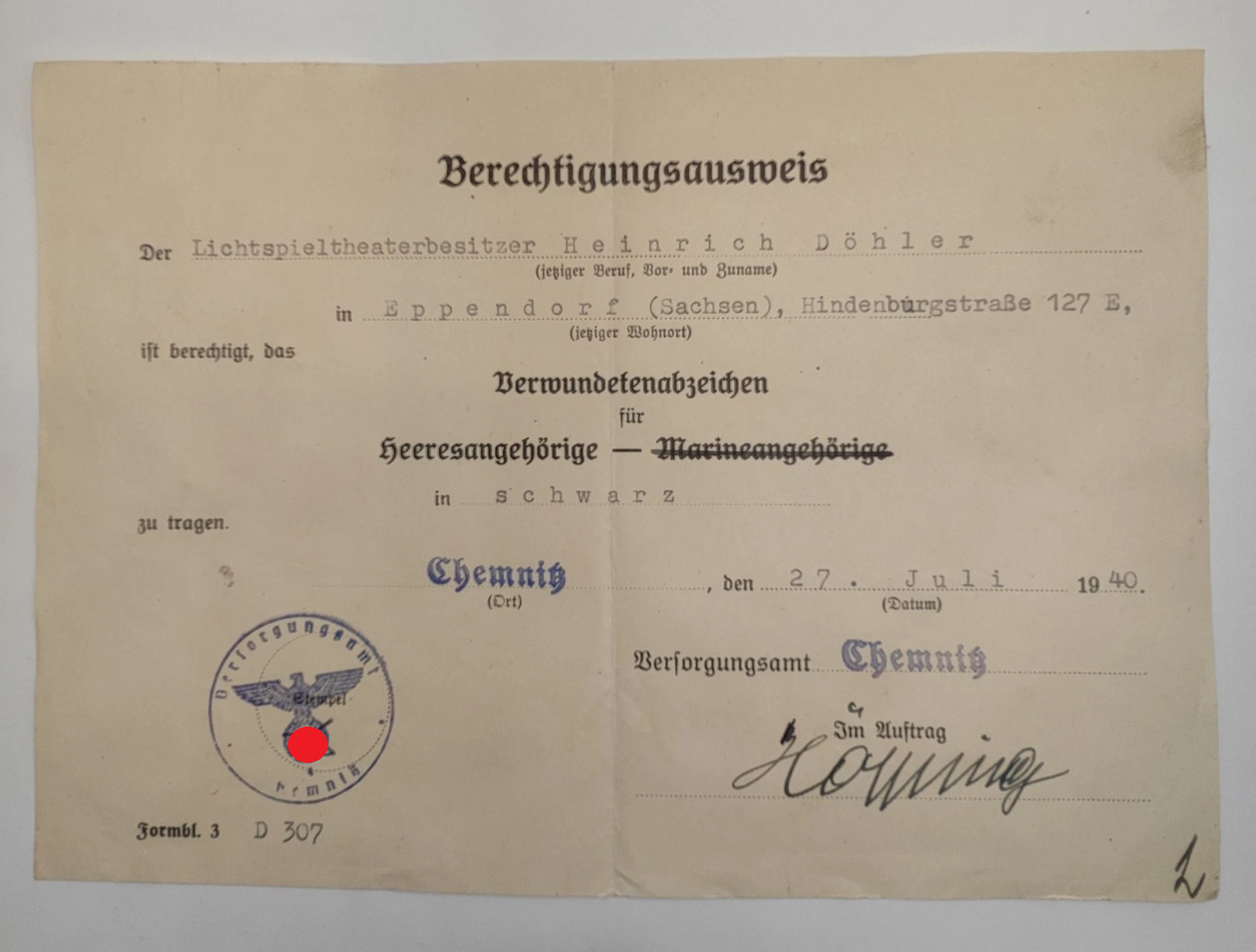 BESITZZEUGNIS - VERWUNDETENABZEICHEN - SCHWARZ 1939 - ORDEN