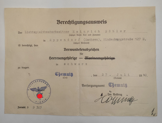 BESITZZEUGNIS - VERWUNDETENABZEICHEN - SCHWARZ 1939 - ORDEN