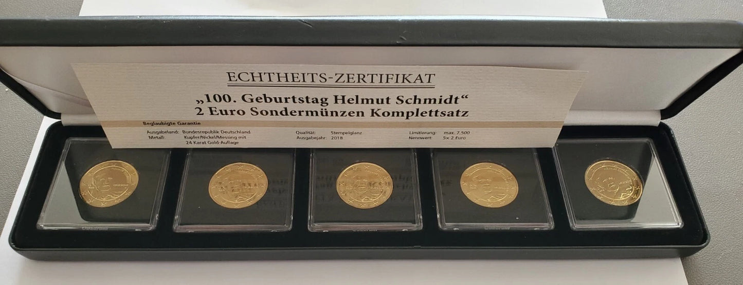 5 x 2 Euro Münze - BRD - Helmut Schmidt 2015 - komplett Satz ADFGJ - vergoldet