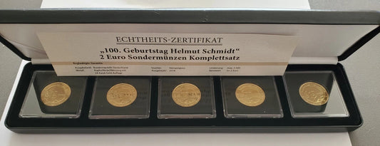 5 x 2 Euro Münze - BRD - Helmut Schmidt 2015 - komplett Satz ADFGJ - vergoldet