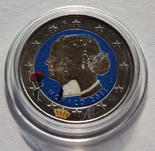2 Euro Münze -  Monaco - Fürst Albert II. & Charlene Wittstock 2011  - koloriert - selten