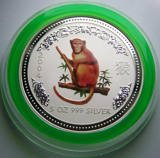 5 UNZEN SILBER - LUNAR AFFE 2004 - KOLORIERT - SILBERMÜNZE - SELTEN