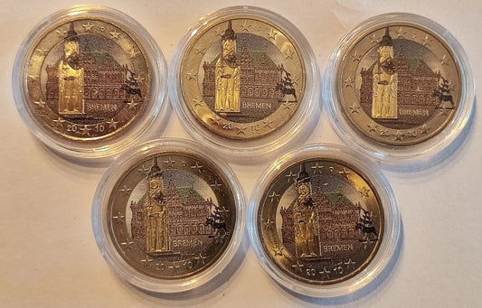 5 x 2 Euro Münze - BRD - Bremen - Rathaus & Roland 2010 - komplett Satz ADFGJ - koloriert