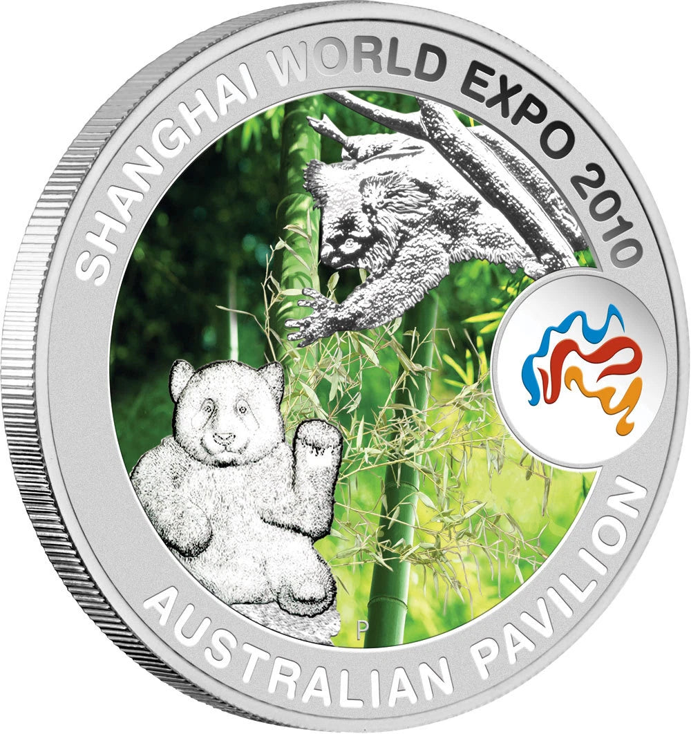 1 UNZE SILBER - PANDA & KOALA BÄR / EXPO 2010 - KOLORIERT - SILBERMÜNZE