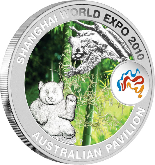 1 UNZE SILBER - PANDA & KOALA BÄR / EXPO 2010 - KOLORIERT - SILBERMÜNZE