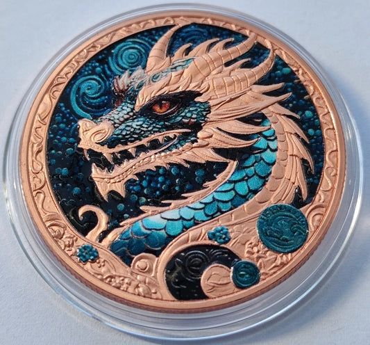 1 UNZE 999 KUPFER - LUNAR DRACHE 2024 - KOLORIERT - KUPFERBARREN