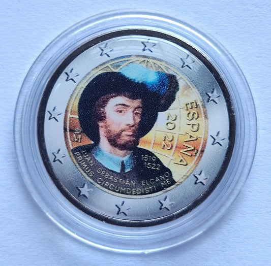 2 Euro Münze - Spanien - 500 Jahre Vollendung erste Weltumsegelung 2022 - koloriert