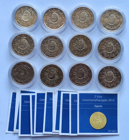 12 x 2 Euro Münze - Gemeinschaftsausgaben / 10 Jahre Bargeld - 2012 - vergoldet