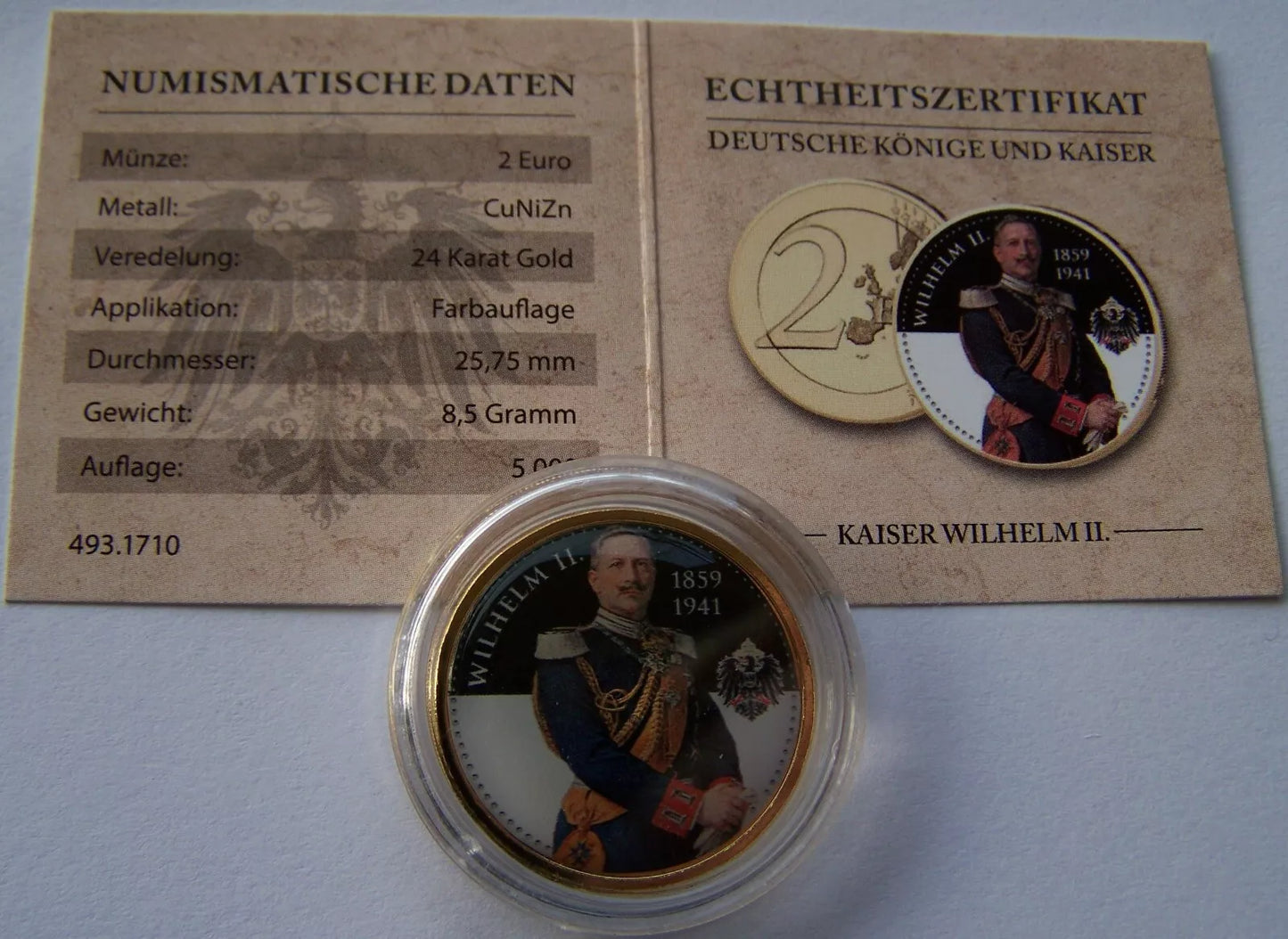 2 EURO MÜNZE - KAISER WILHELM II. - VERGOLDET & KOLORIERT