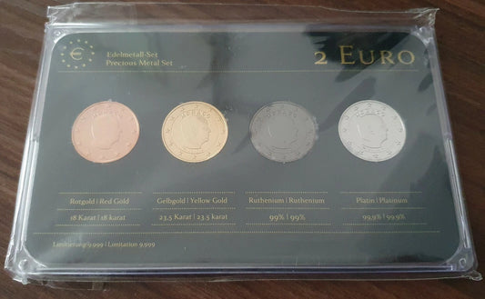 4 x 2 Euro Münzen Set - Monaco 2012 - Albert II. - Platin / Rotgold / Ruthenium / Gold
