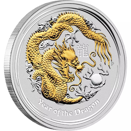 1 UNZE SILBER - LUNAR DRACHE 2012 / TEILVERGOLDUNG - SILBERMÜNZE - SELTEN
