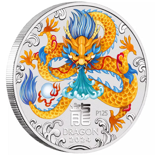 1/2 UNZE SILBER - LUNAR DRACHE 2024 - KOLORIERT - SILBERMÜNZE