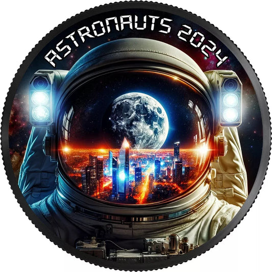 1 UNZE SILBER - ASTRONAUT - RUTHENIUM & FARB VERDELUNG - SILBERMÜNZE