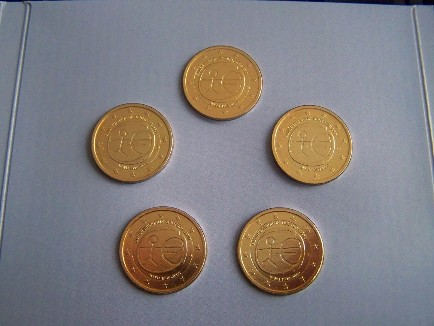 5 x 2 Euro Münze - BRD - 10 Jahre Wirtschafts und Währung 2009 - komplett Satz ADFGJ - vergoldet