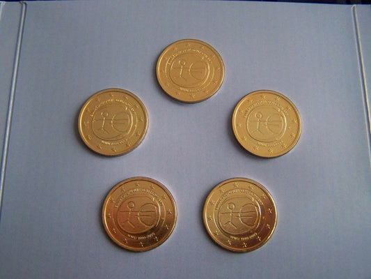 5 x 2 Euro Münze - BRD - 10 Jahre Wirtschafts und Währung 2009 - komplett Satz ADFGJ - vergoldet