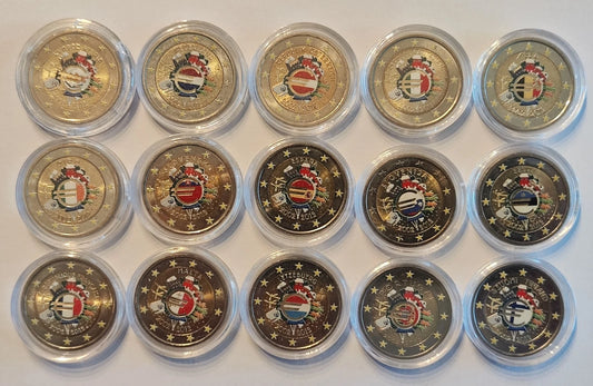 15 x 2 Euro Münze - Europa - 10 Jahre Bargeld 2012 - koloriert