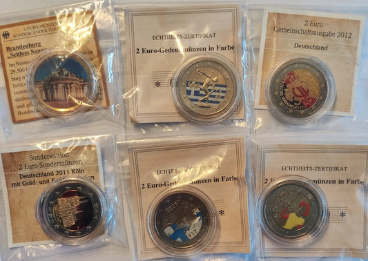 6 x 2 Euro Münze - Europa - koloriert