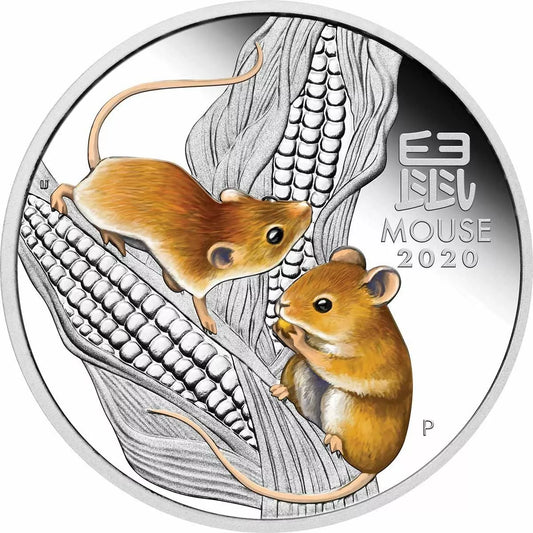 1/2 UNZE SILBER - LUNAR MAUS 2020 - KOLORIERT - SILBERMÜNZE