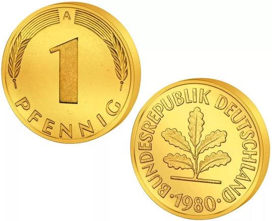 10 x 1 GOLD PFENNIG - DM - MARK - 24 KARAT VERGOLDET
