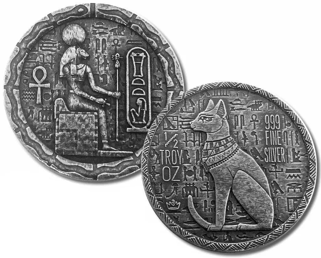 1/2 UNZE 999 SILBER - ÄGYPTEN / HEILIGE GOTT KATZE / PHARAO - ANTIK FINISH - SILBERBARREN