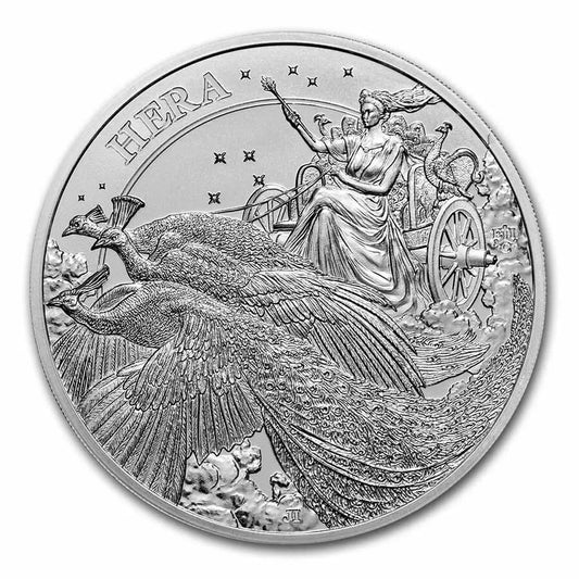 1 UNZE SILBER - GRIECHISCHE GÖTTIN HERA MIT PFAU & STREITWAGEN - SILBERMÜNZE