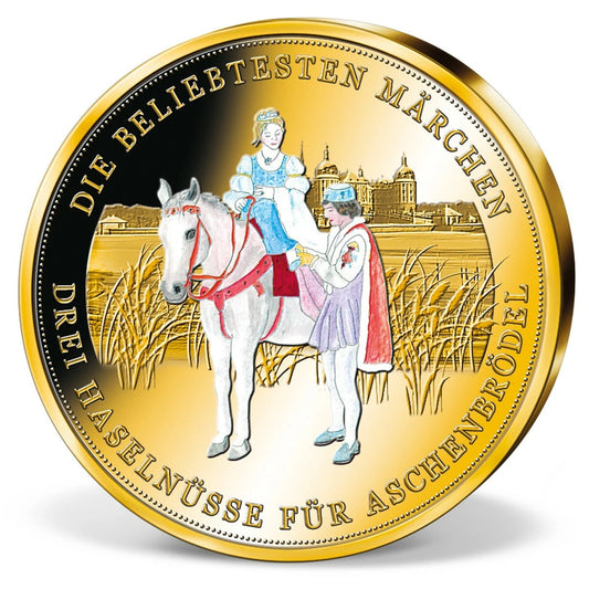MEDAILLE - DREI HASELNÜSSE FÜR ASCHENBRÖDEL - KOLORIERT - VERGOLDET