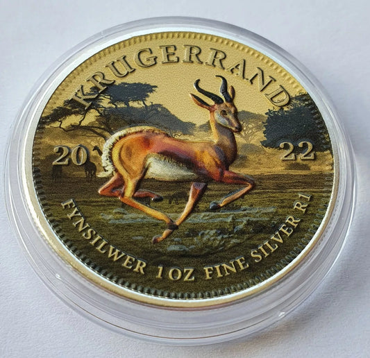 1 UNZE 999 SILBER - AFRIKA KRÜGERRAND / SPRINGBOCK 2022 - KOLORIERT - SILBERMÜNZE