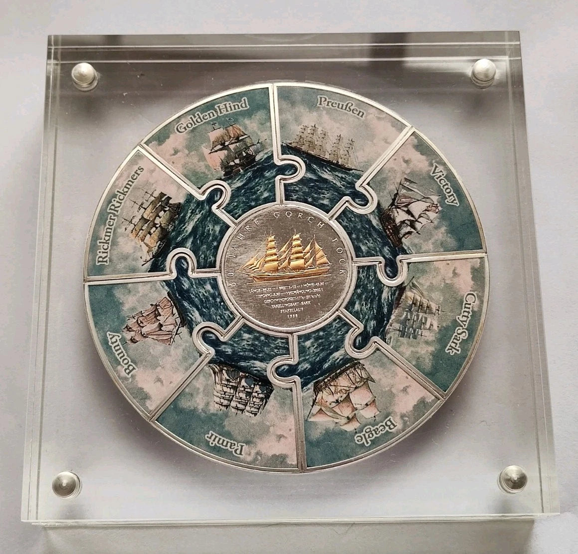 XXL PUZZLE MEDAILLE + 10 EURO SILBERMÜNZE 50 JAHRE SCHIFF GORCH FOCK 2008 - KOLORIERT & VERGOLDET