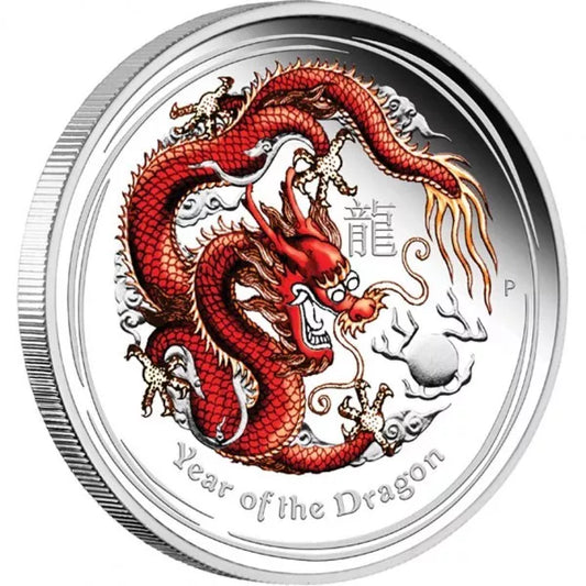 1/2 UNZE SILBER - LUNAR DRACHE 2012 - PROOOF - KOLORIERT - SILBERMÜNZE
